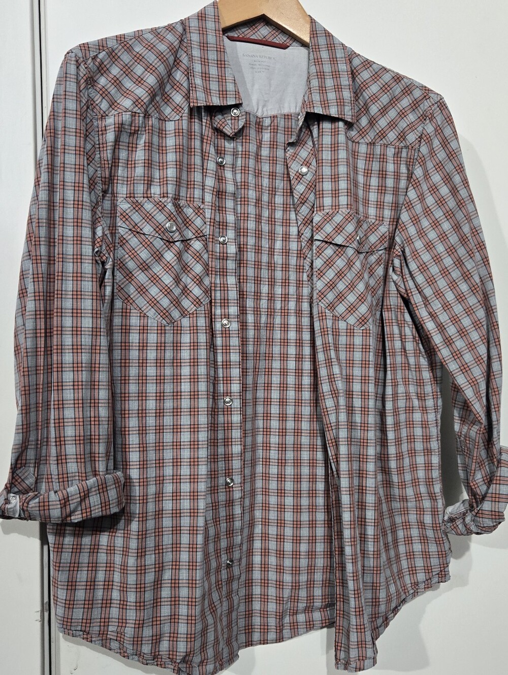 Banana Republic Red and Gray Plaid Men's Button-Down Shirt